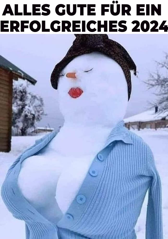 Fotos für lustige Wünsche 2023. Ein schöner Schneemann mit einer wohlhabenden Brust