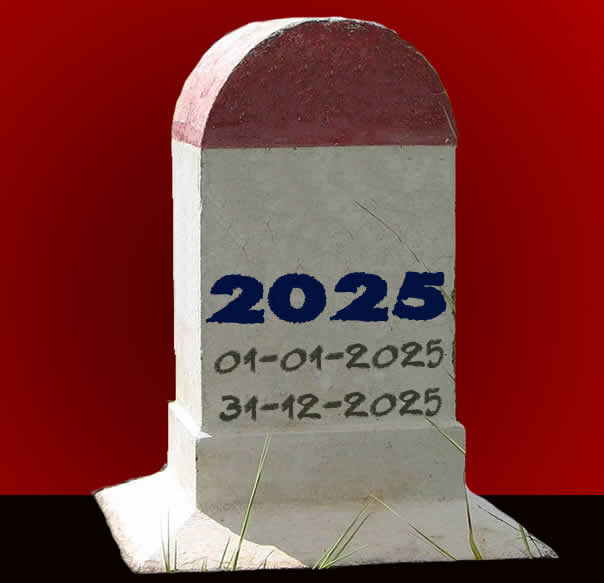 Bild mit Grabstein und Schrift 2026 mit Geburtsdatum 01-01-202 und Sterbedatum 31-12-2026, mit hängender Maske und Coronavirus-Design, ein Ereignis, das dieses Jahr kennzeichnete