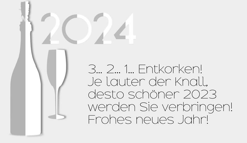 Neujahrsbotschaft: 3 ... 2 ... 1 ... Entkorken! Je lauter der Knall, den Sie machen, desto mehr werden Sie ein schönes Jahr 2025 verbringen! Frohes neues Jahr!