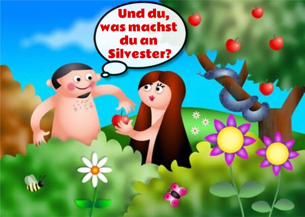 Humorvoller Zeichentrickfilm mit Adam und Eva im Garten Eden
