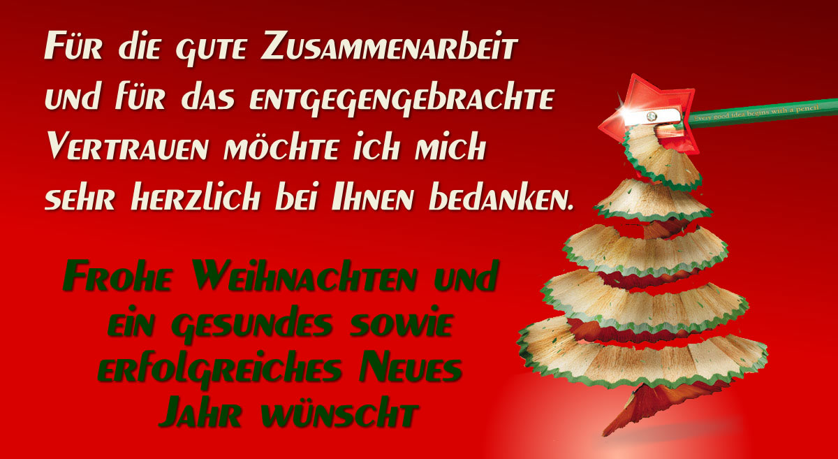 Bild mit einem Bleistiftspitzer in Form eines Sterns, der auf einen Bleistift zeigt, der einen Weihnachtsbaum und einen Begrüßungstext bildet. Frohe Weihnachten und ein gesundes sowie erfolgreiches Neues Jahr wünscht